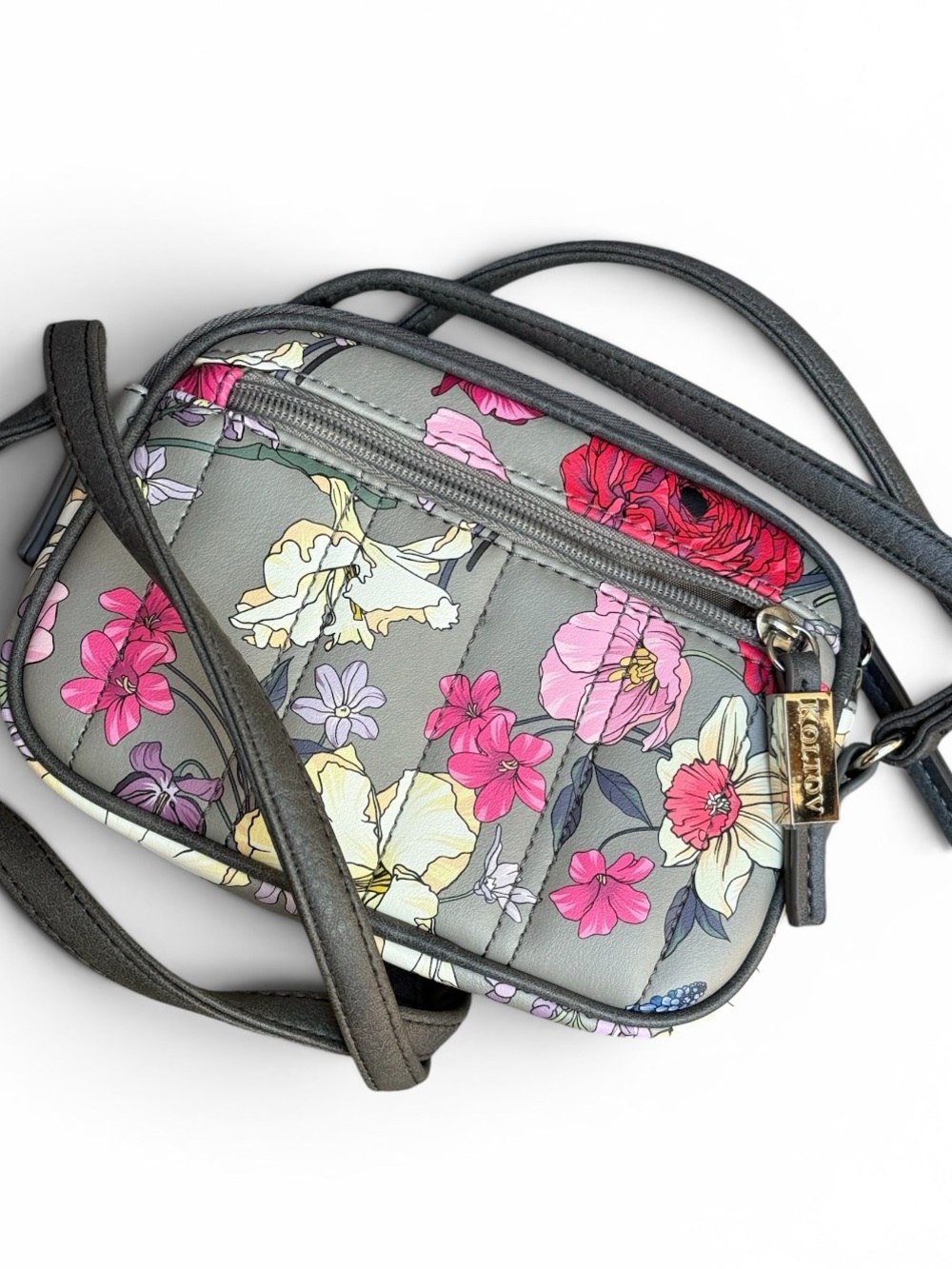 NWOT Koltov Floral Quilted Crossbody Bag Gray Pink Purple White Organizer Purse